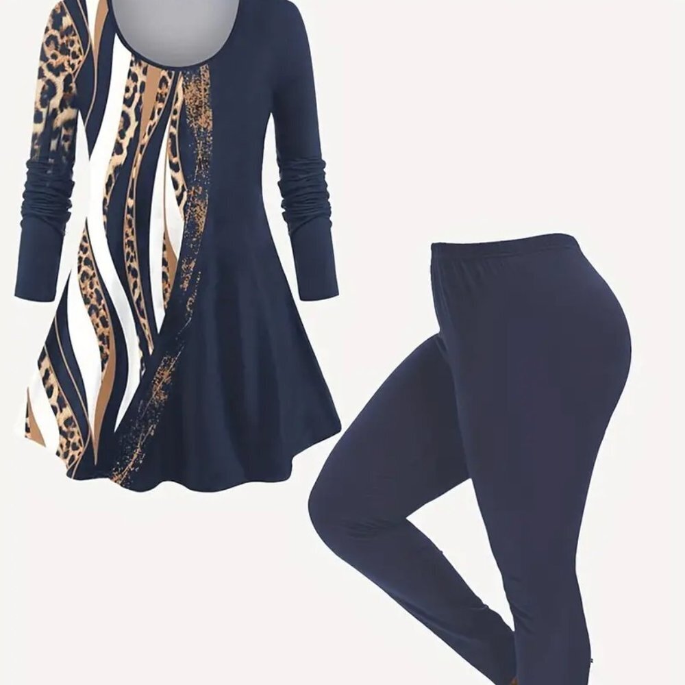 3X 4X 5X Plus Size High Waisted Tummy Control Legging & Peplum leopard tunic